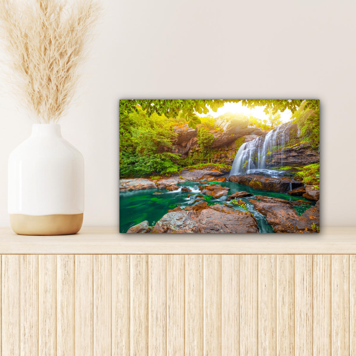 LEINWANDBILD Natur - Wasserfall - Pflanzen - Bäume - Sonne Deko Schlafzimmer 30x20 cm - Olivgrün, Textil (30/20cm) - MuchoWow