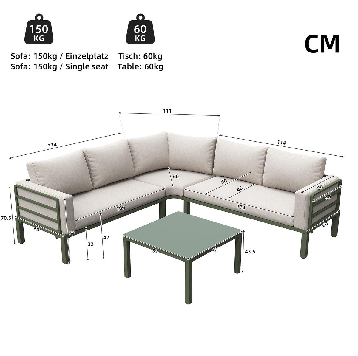 GARTENMÖBEL-SET aus Eisen mit Couchtisch aus gehärtetem Glas, 4-5 Sitzer, 114/60/70,5 cm, Beige - Beige, Metall - Redom