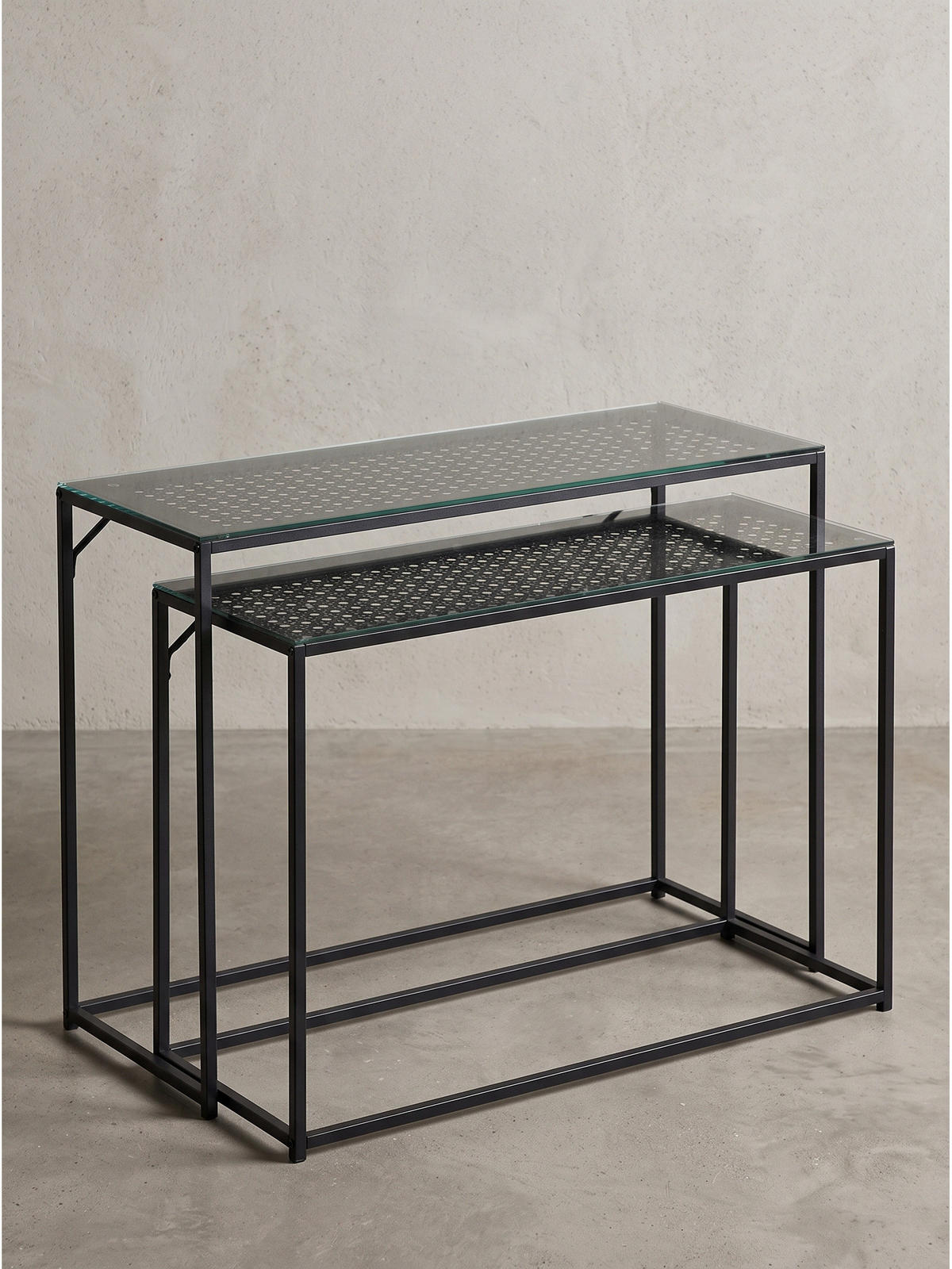 KONSOLENTISCHE 2er-Set ALCUDIA, Einscheibensicherheitsglas, Schwarz, 100 x 40 x 77 cm - Schwarz, Glas/Metall (40/100/77cm) - KADIMA DESIGN