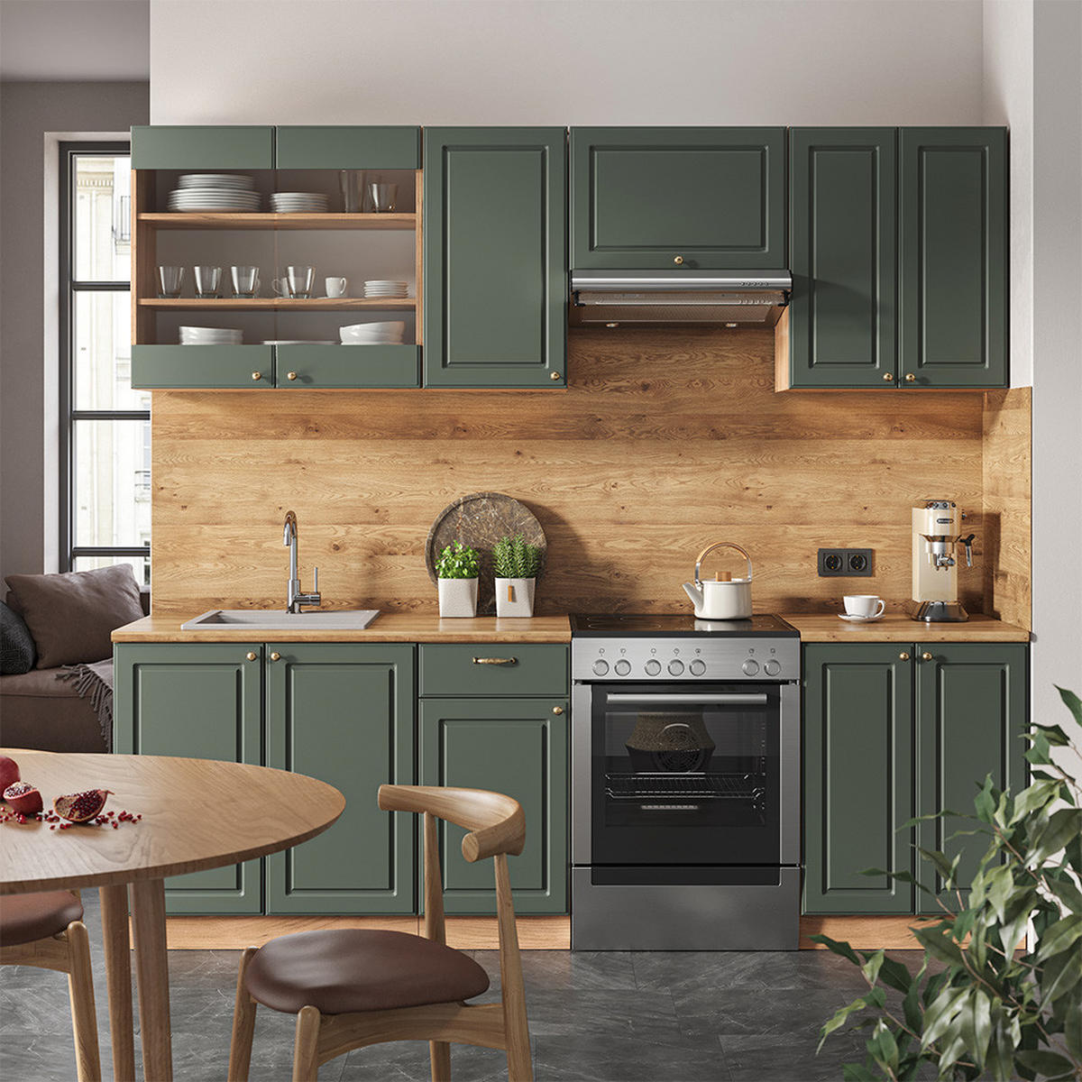 KÜCHENZEILE Fame-Line Grün-Gold Landhaus/Goldkraft Eiche 240 cm AP Marmor - Eiche Wotan/Grün, Holzwerkstoff (240/81.6/60cm) - Vicco