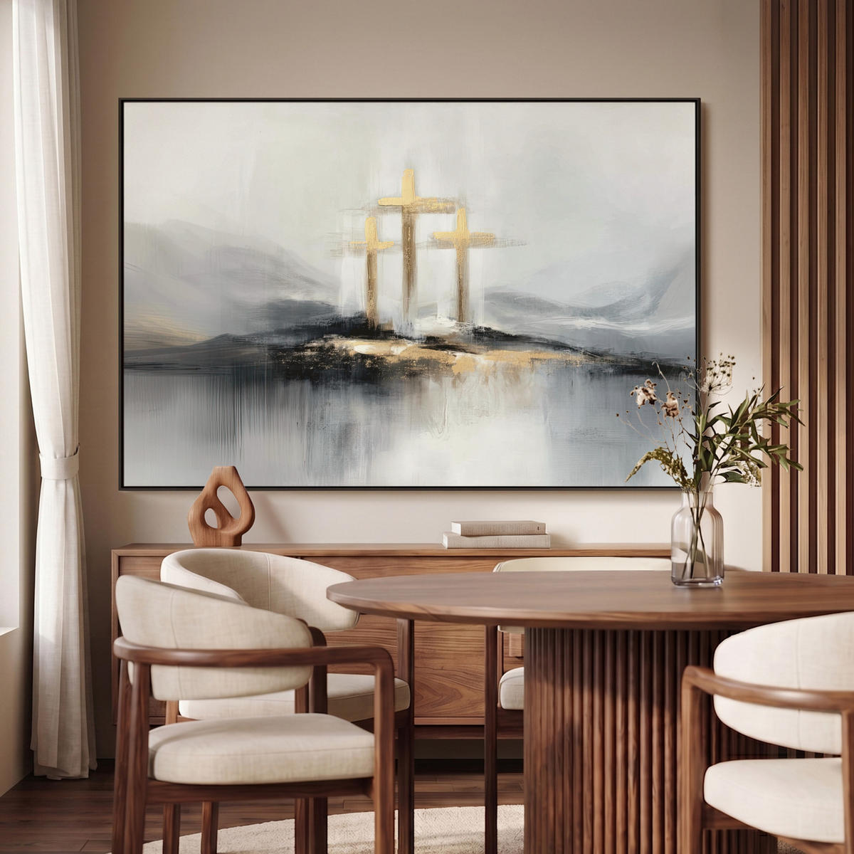 LEINWAND Bilder mit Rahmen - Abstrakt - Malerei - Christentum - Kreuz - 150x100 - Weiß, Textil (150/100cm) - MuchoWow