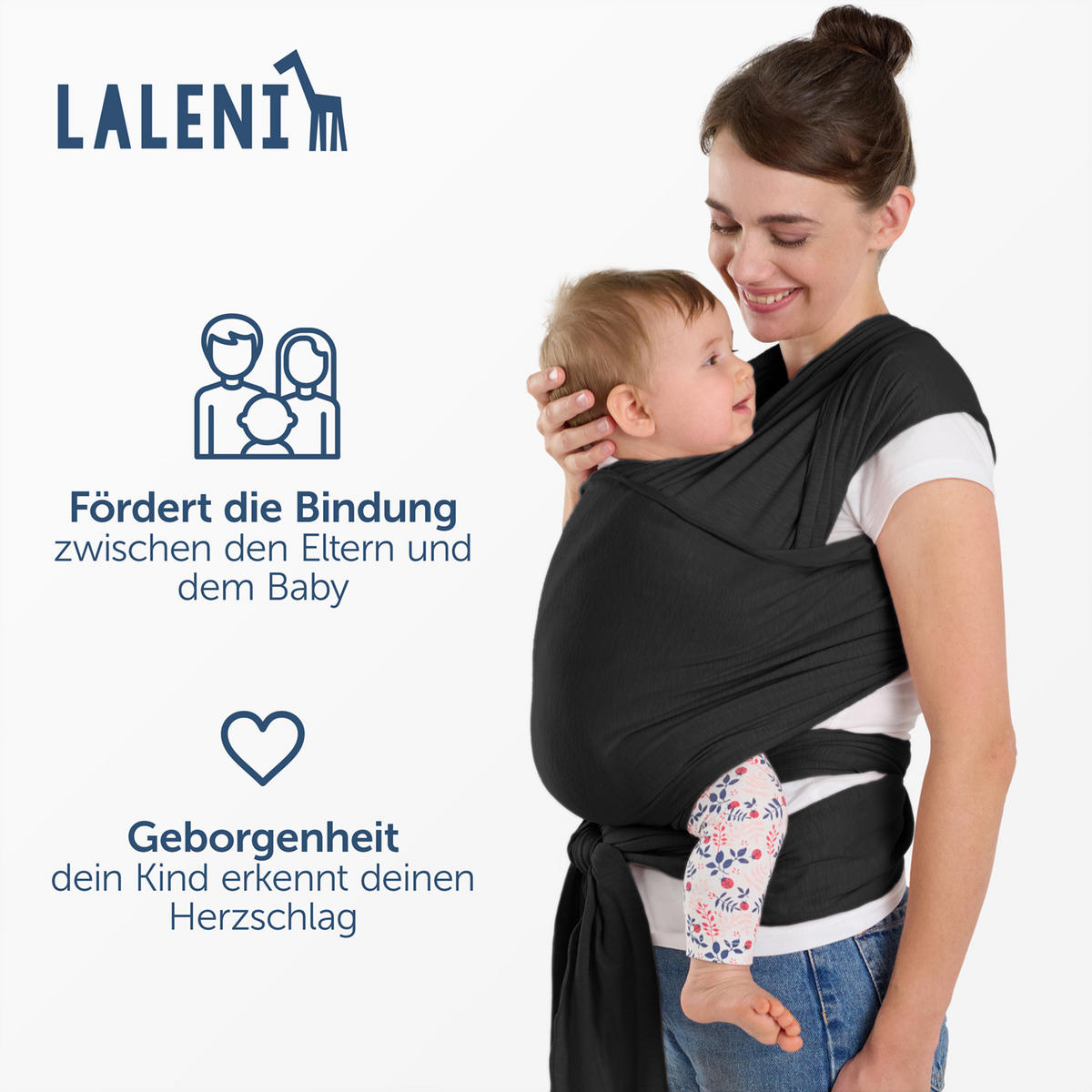 BABYTRAGEN für Neugeborene bis 15 kg - 100% Baumwolle (Ohne Elasthan) - Schwarz - Schwarz, Textil (60/5.1cm) - Laleni