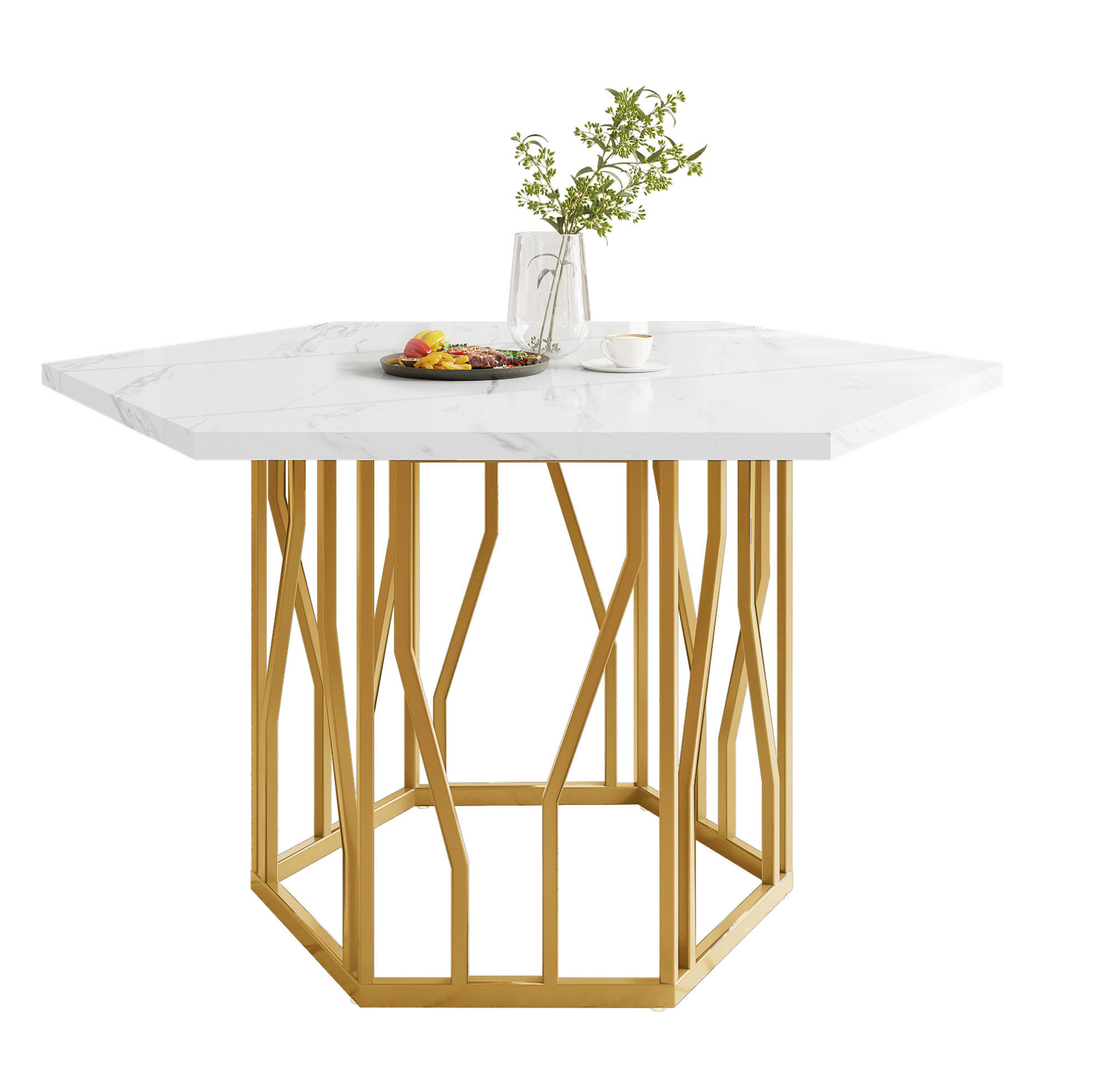 ESSTISCH 115,5/100/75 cm in Marmoroptik mit goldenem Metallgestell - Weiß, Holzwerkstoff (100/115.5/75cm) - BEAOK