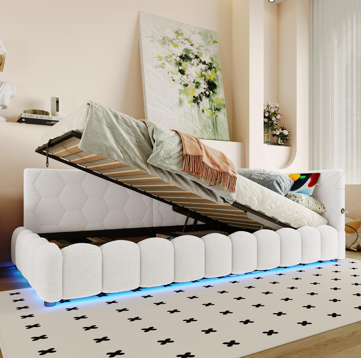 POLSTERBETT 90/200 cm Weiß mit Bettkasten, LED-Beleuchtung und USB - Weiß, Textil (90/200cm) - Flora Grace