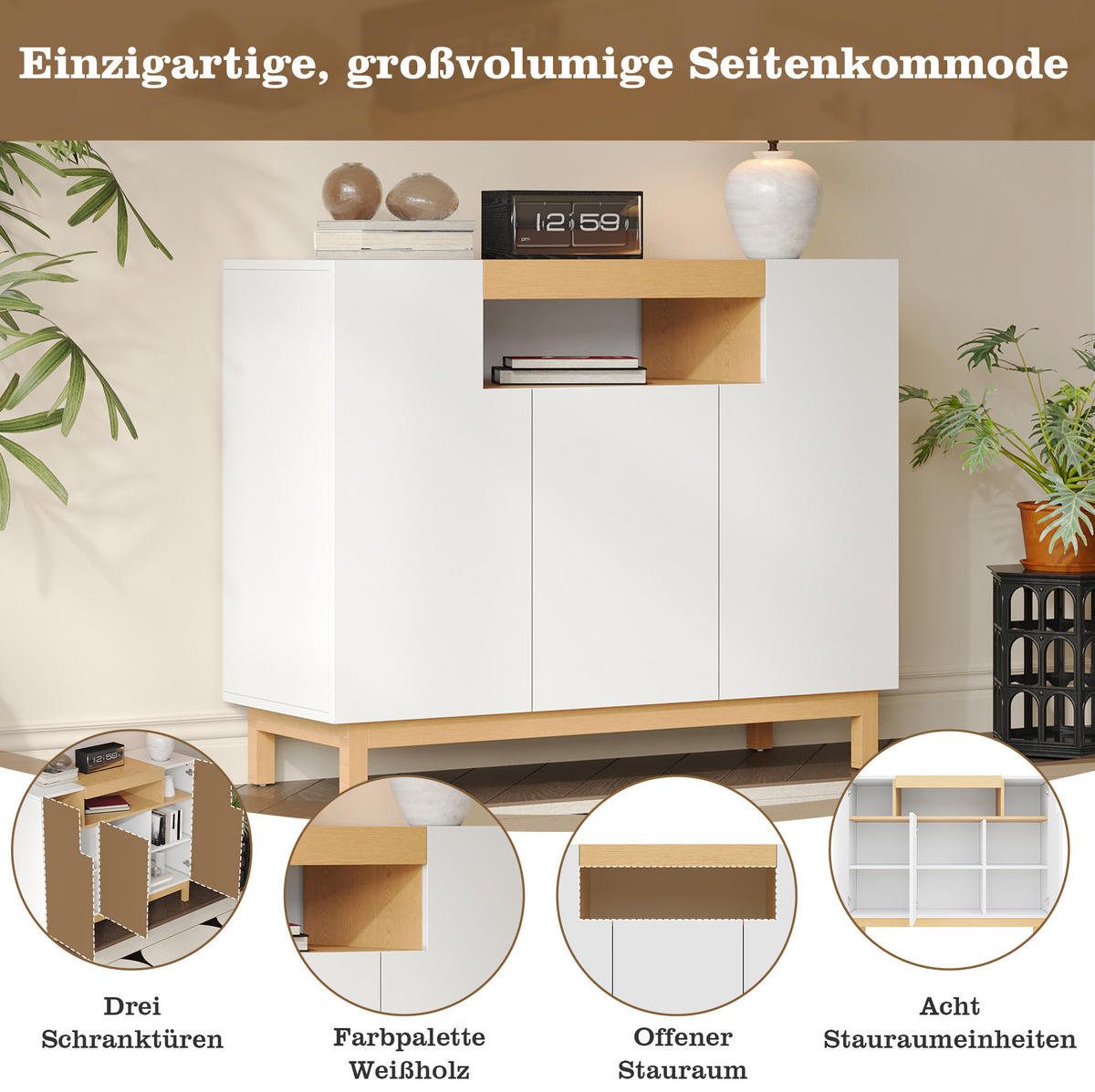 SIDEBOARD 120,5/42/96 cm aus Spanplatte mit 3 Türen und offenem Fach Weiß - Weiß, Holzwerkstoff (120.5/96/42cm) - Modenvie