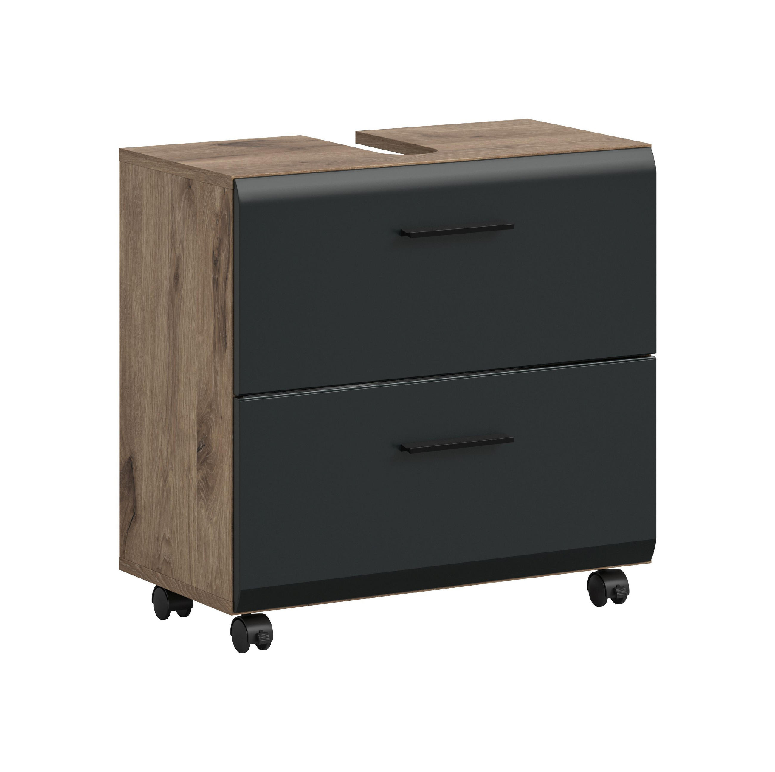 WASCHBECKENUNTERSCHRANK AUF ROLLEN Ice schwarz matt 60/30/58 cm - Braun, Holzwerkstoff (60/58/30cm) - Xonox