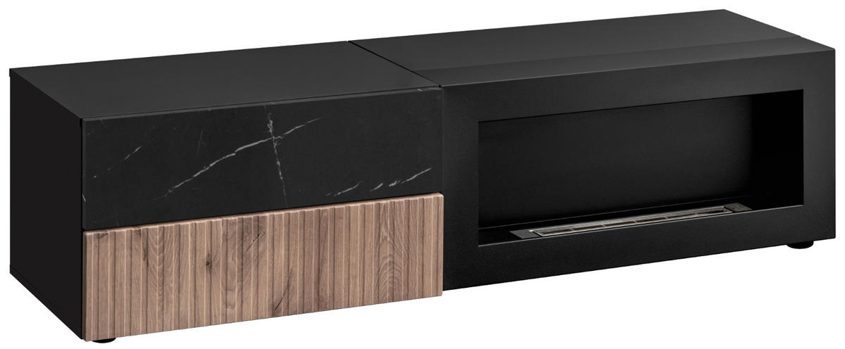 TV-LOWBOARD Eiche, Marmor schwarz 160 cm, TV Unterschrank Set mit Ethanol Kamin - Eichefarben/Schwarz, Holzwerkstoff/Kunststoff (160/180/45cm) - Inn.Furn