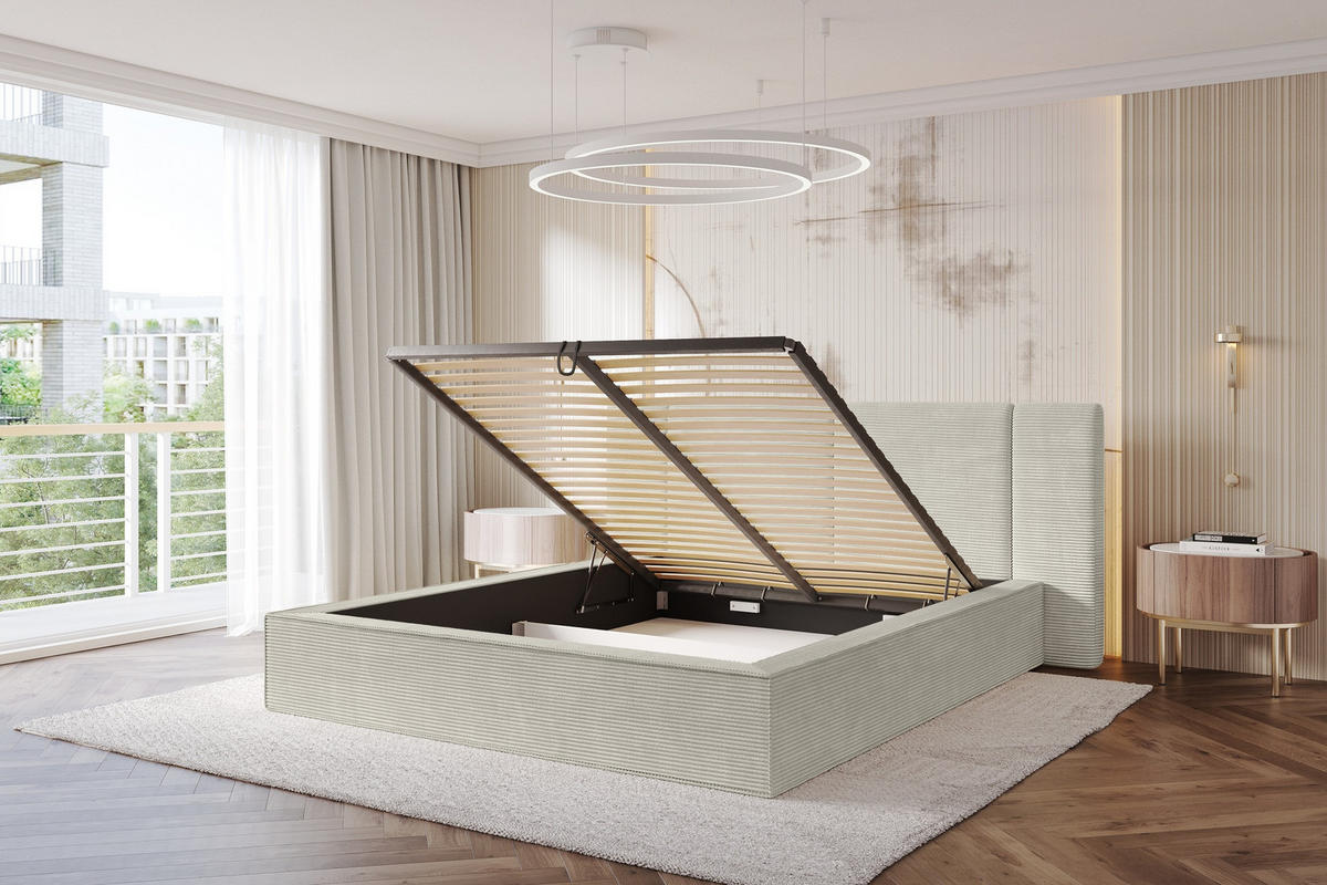 POLSTERBETT mit Bettkasten und Lattenrost, Boxbett ohne Matratze - RIVO 180x200 Creme - Sahara, Holzwerkstoff/Textil (180/200cm) - ALTDECOR