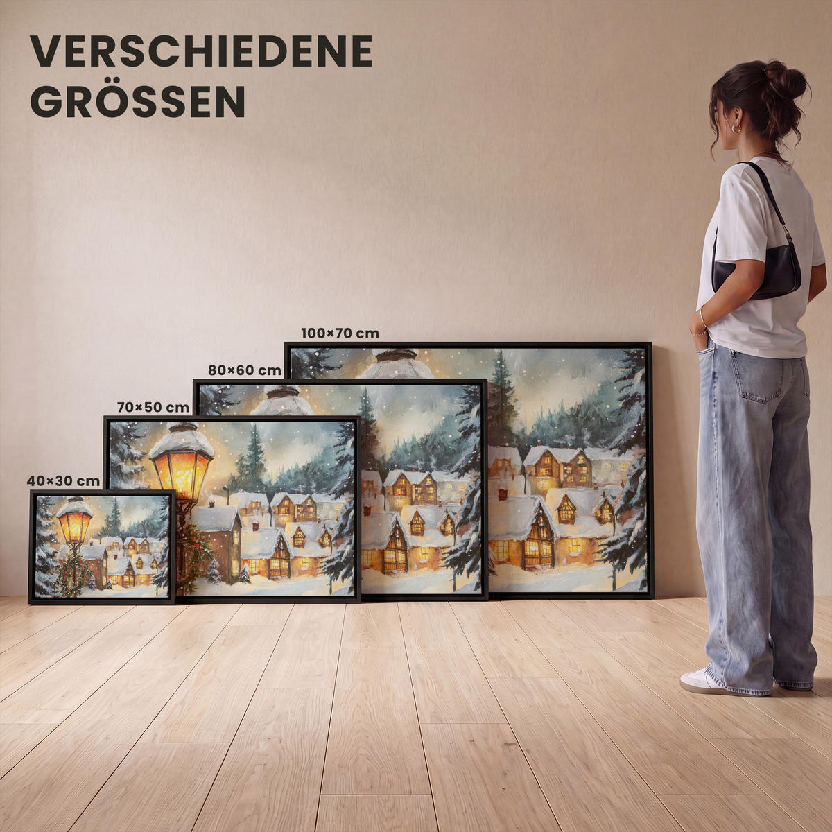 LEINWAND Bilder mit Rahmen - Weihnachtsdorf - Häuser - Schnee - Weihnachten - 100x70 - Sandfarben, Textil (100/70cm) - MuchoWow