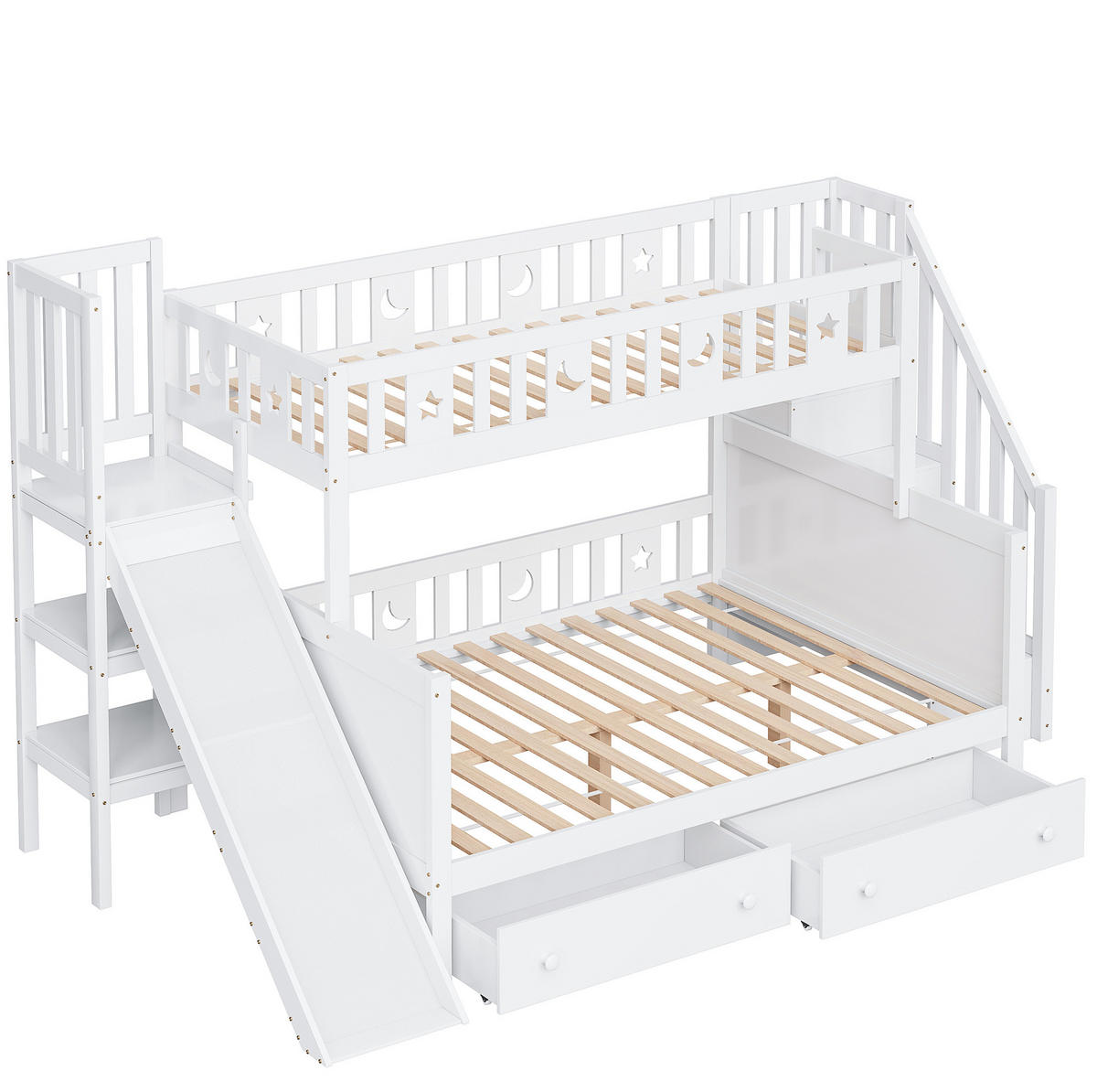 ETAGENBETT aus Massivholz 90x200/140x200 cm in Weiß mit Rutsche & 2 Schubladen - Weiß, Holz (90/140cm) - Modfu