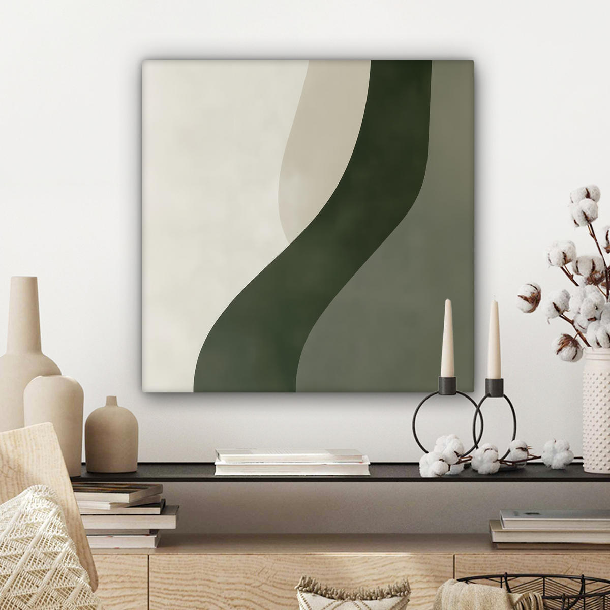 LEINWANDBILD Japandi - Grün - Abstrakt - Modern 50x50 cm - Olivgrün, Textil (50/50cm) - MuchoWow