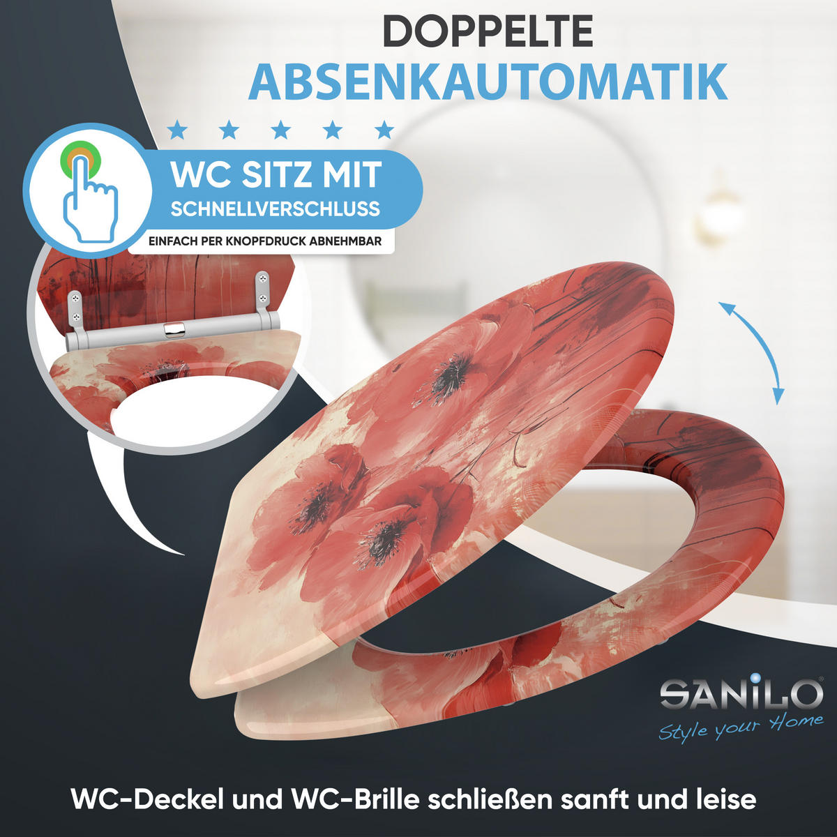 WC-SITZ mit Absenkautomatik & Top Fix Poppy - Rot, Holzwerkstoff (37.7/5.5/48cm) - Sanilo