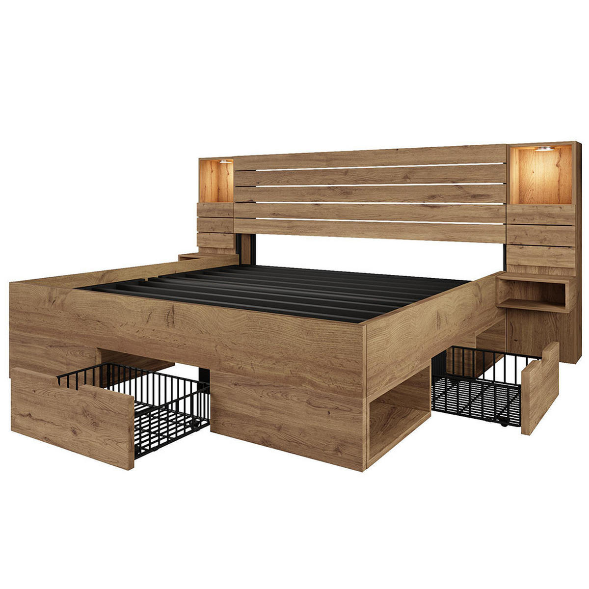 DOPPELBETT 160x200 cm mit LED-Downlights und USB Type-C in Eichenoptik, Mit Matratze - Eichefarben/Schwarz, Holz (200/160cm) - KOMHTOM