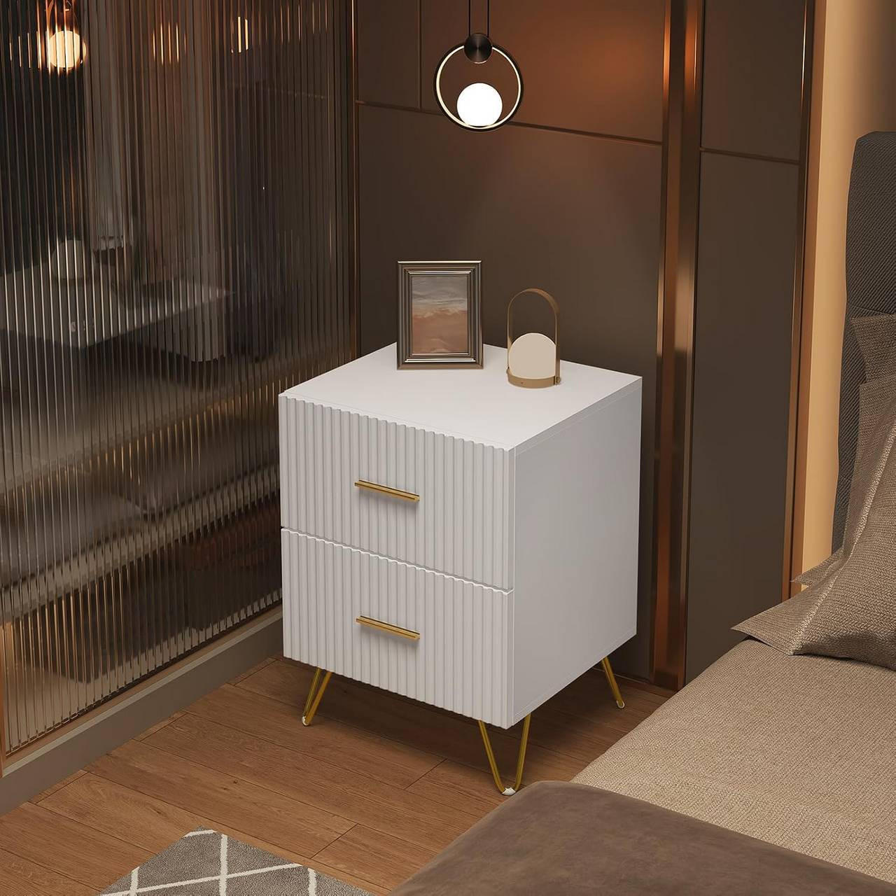 NACHTTISCH 2er Set, mit vertikalen Linien, Weiß+Golden - Goldfarben/Weiß, Holzwerkstoff/Metall (40/53/35cm) - Woltu