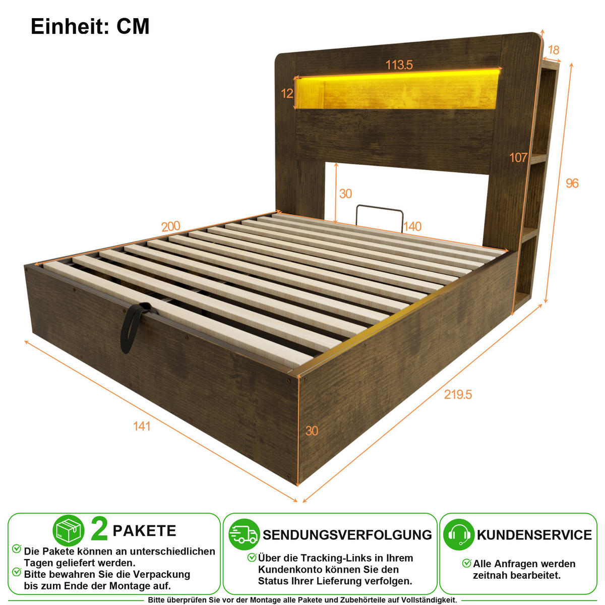 BETT 140/200 cm in Vintage-Holz mit Bettkasten, LED und Steckdosen aus Holz - Eichefarben, Holz/Holzwerkstoff (140/200cm) - CHICFURN