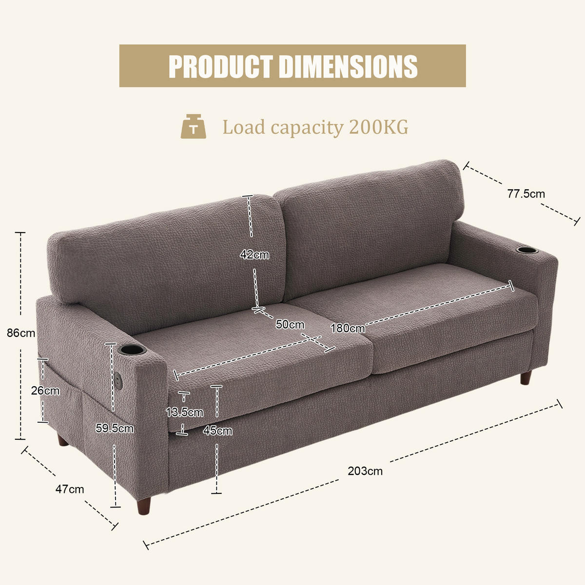 SOFA 2-Sitzer mit USB-C-Anschluss und LED-Ambiente Chenille Hellgrau 203/77,5/86 cm - Hellgrau, Textil (203/86/77.5cm) - OKWISH