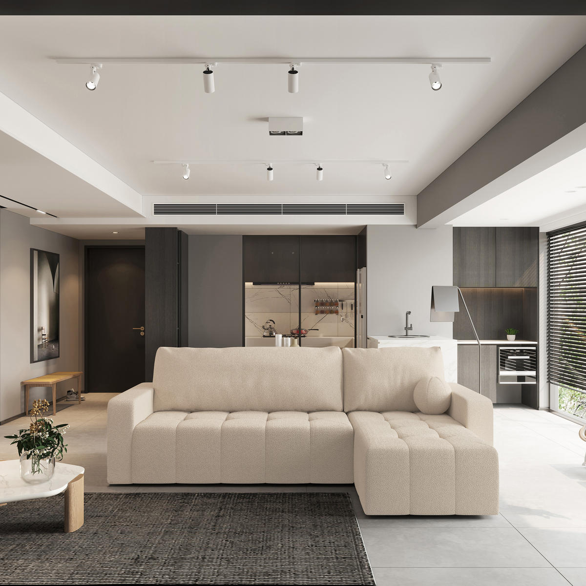 ECKSOFA VOLIRA Creme Boucle-Stoff mit Schlaffunktion - Creme, Holz (230/143cm) - MASSENO