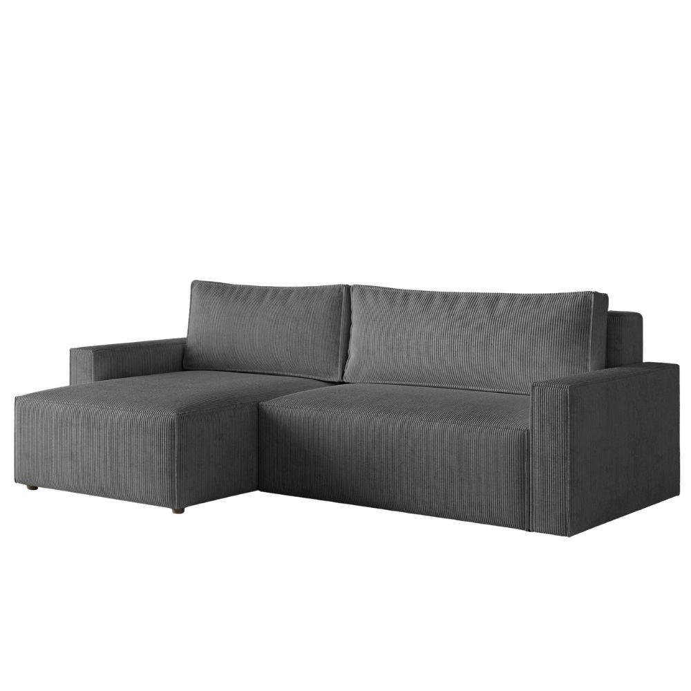 ECKSOFA LIVIO L mit Schlaffunktion und Bettkasten, weicher, dicker Cord pet friendly - POSO 22 - Dunkelgrau, Holz (230/195cm) - Dekori_Interiors