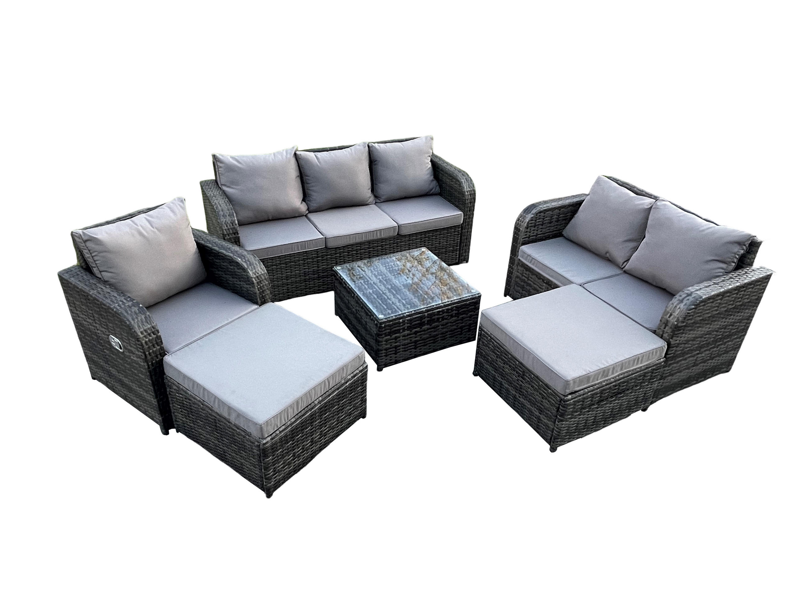 GARTENMÖBEL SET mit 3-SITZER SOFA Polyrattan Dunkelgrau 8-Sitzer - Dunkelgrau/Grau, Glas/Kunststoff - Fimous