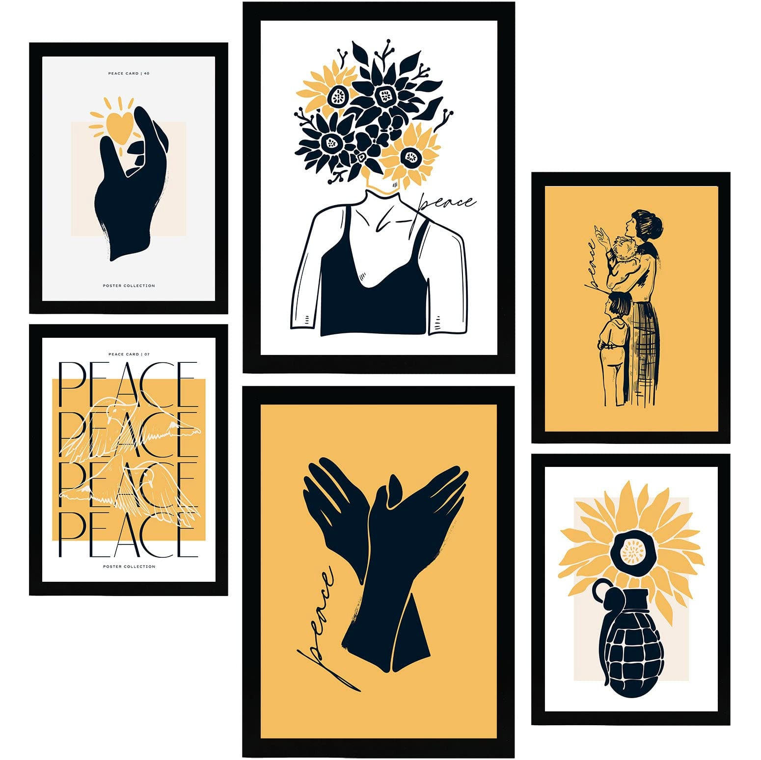 POSTER Set Mit 6 In Schwarzer Tinte Liebe Machen, Nicht Krieg Kunstdrucke Von Meer Und Ozean Für Innenarchitektur A3 & A4 Schwarzer Rahmen - Schwarz, Papier (29/3cm) - Nacnic