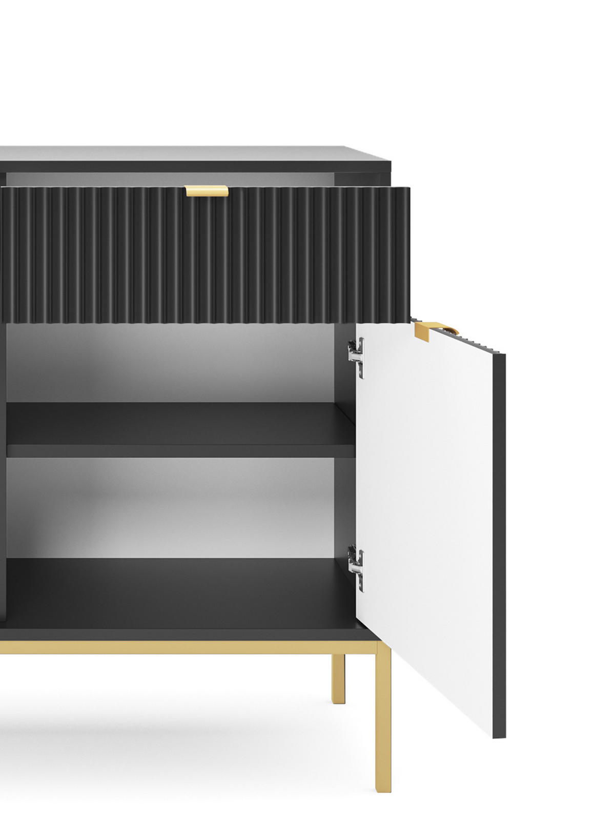 KOMMODE NOVA, Geriffelte Front, 2-Türen, 2-Schubladen 104x39x83 cm, Schwarz - Goldfarben/Schwarz, Holzwerkstoff/Kunststoff (104/83/39cm) - DomoHome