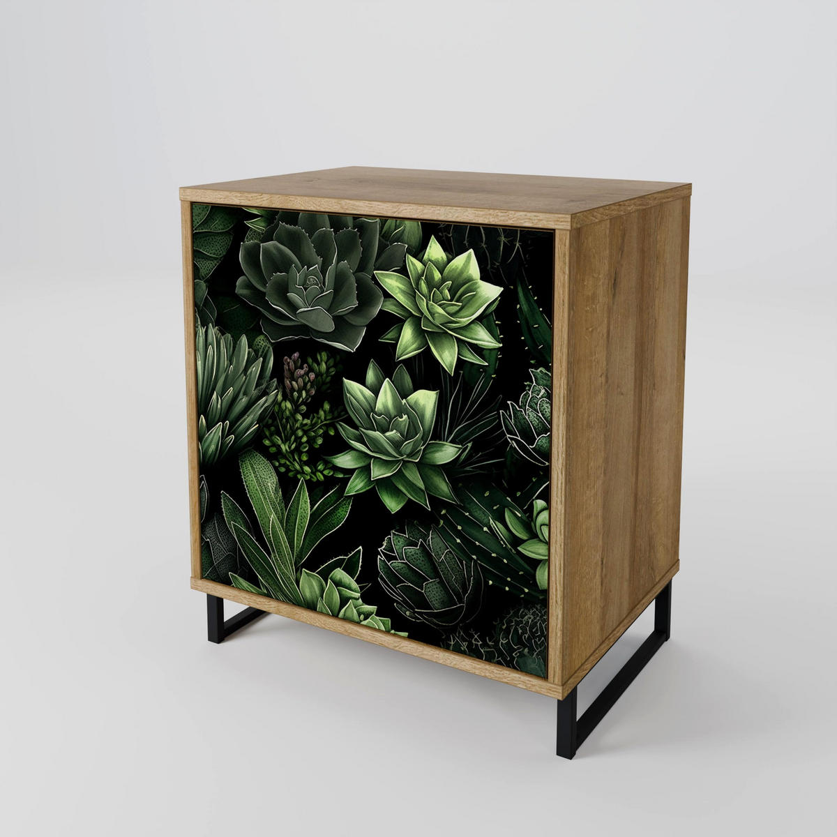 SIDEBOARD SUCCULENT JUNGLE, Eichefarben, 57,5x42x70,5 cm, Schwarze Metall-Sternfüße - Eichefarben/Multicolor, Holzwerkstoff/Metall (57.5/70.5/42cm) - SpaceRebels
