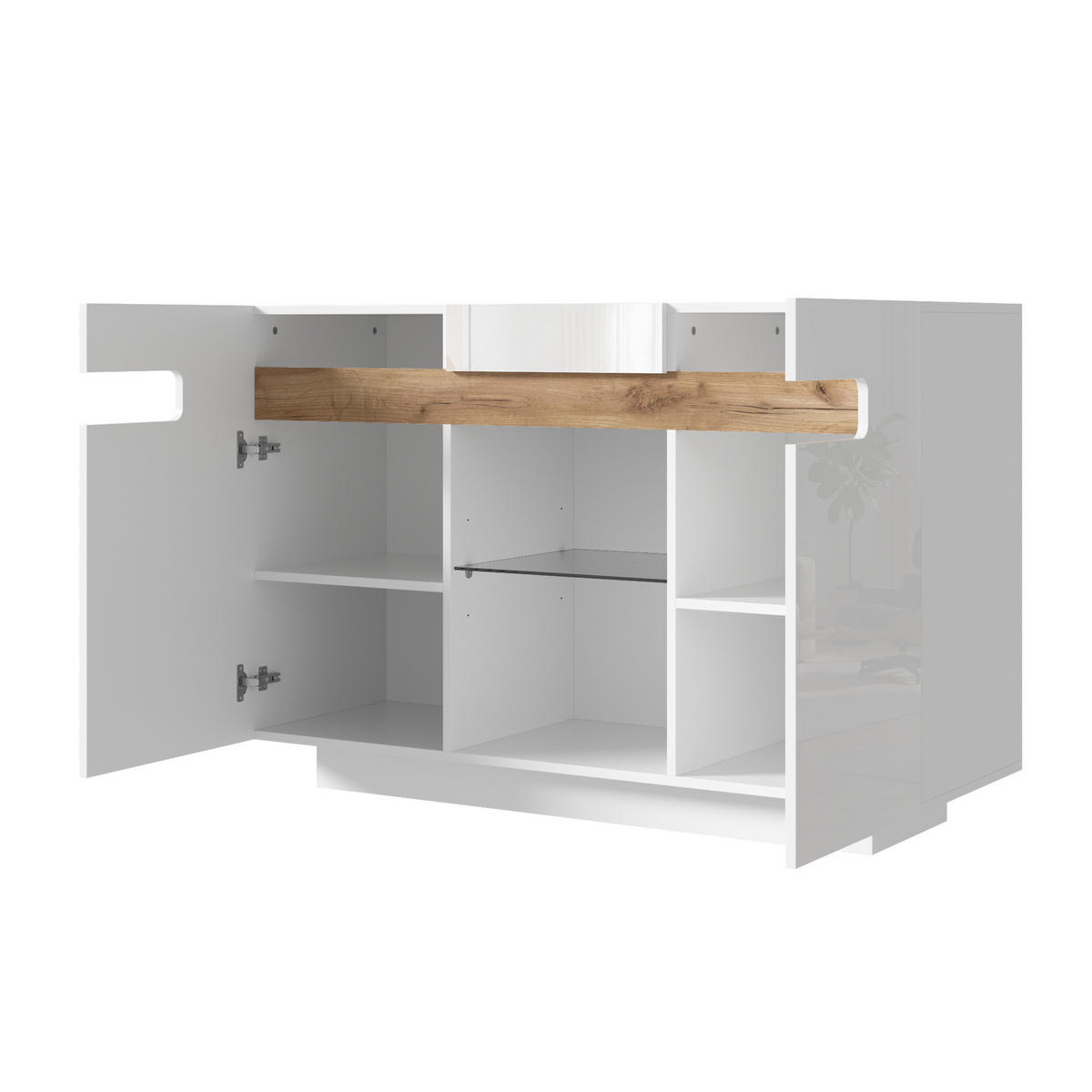SIDEBOARD LED Hochglanz 4 Regale offene Fächer Weiß Natur 120cm - Multicolor, Glas (120/80/40cm) - FLIEKS