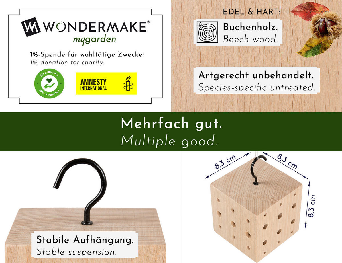INSEKTENHOTEL klein aus Buche-Holz, 3er Set, hängend - Braun, Holz (8.3/12.2/8.3cm) - WONDERMAKE