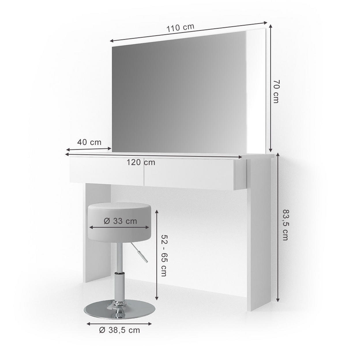 SCHMINKTISCH Azur Weiß 120 cm mit Hocker - Weiß, Holzwerkstoff (120/83/40cm) - Vicco