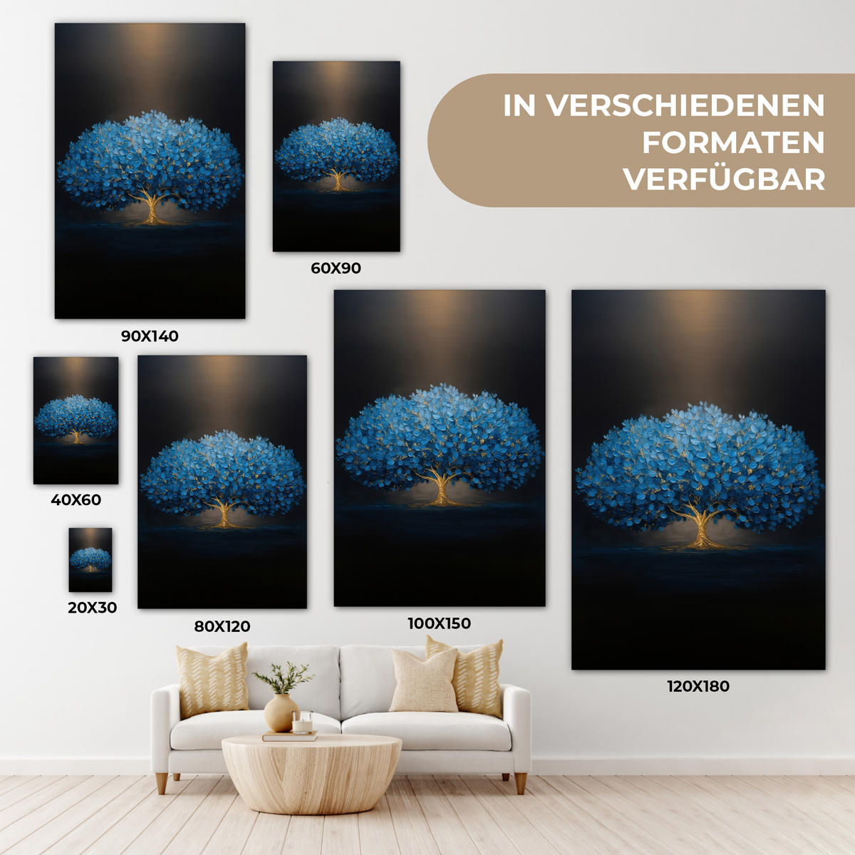 LEINWANDBILD Baum - Blau - Blätter - Pinselstriche Deko XXL 80x120 cm - Blau, Textil (80/120cm) - MuchoWow