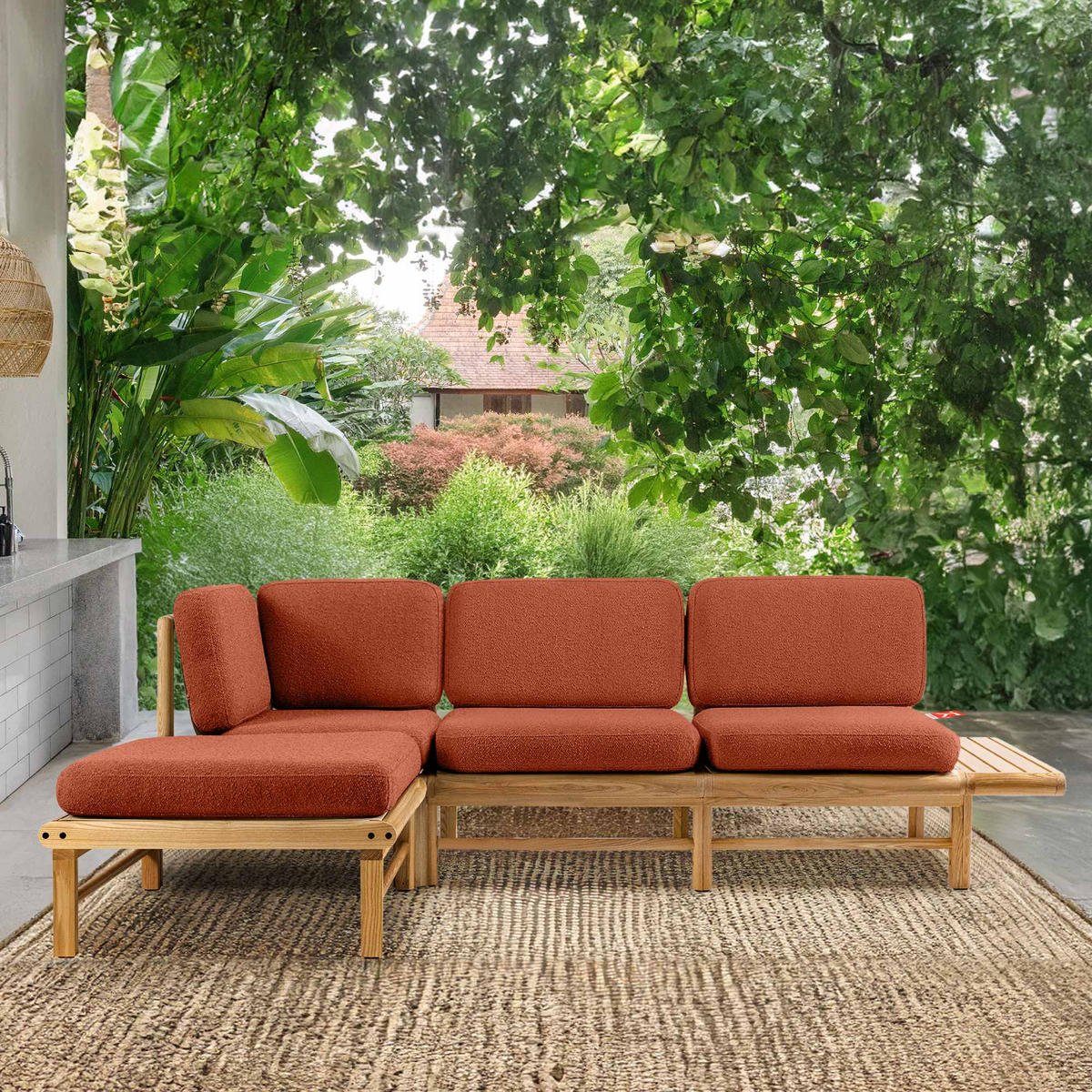 LOUNGESOFA ATREDA links - Orange, Holz/Textil (245/74/150cm) - KONSIMO®