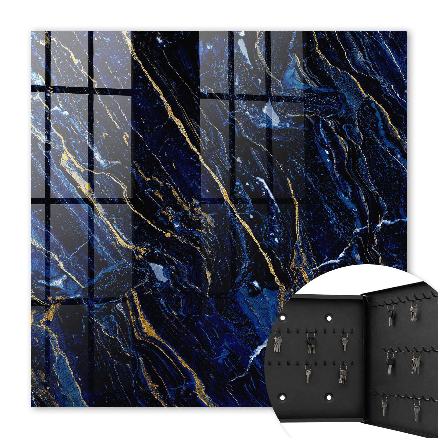 SCHLÜSSELBOX Schwarz 30x30 cm- Türöffnung nach rechts - Marineblaues Muster - Dunkelblau, Metall (30/30/5cm) - TULUP