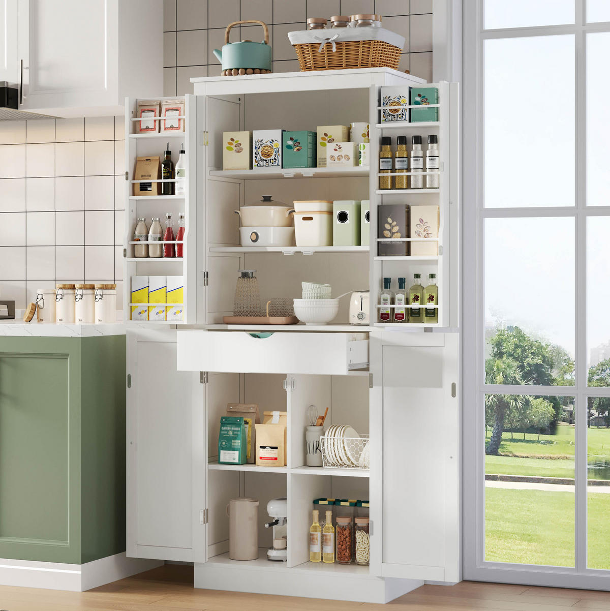 BUFFET 75/40/182 cm weiß aus MDF mit viel Stauraum - Weiß, Holzwerkstoff (75/180/40cm) - OKWISH