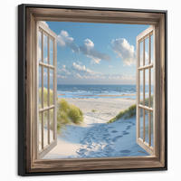 LEINWAND Bilder mit Rahmen - Aussicht - Strand - Fenster - Dünen - Meer - 50x50 - Hellblau, Textil (50/50cm) - MuchoWow