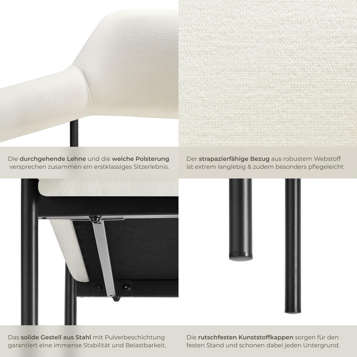 ARMLEHNSTUHL 6er Set Doé 58 x 62 x 85 cm Webstoff off-white/schwarz - Schwarz/Weiß, Textil (58/85/62cm) - tectake