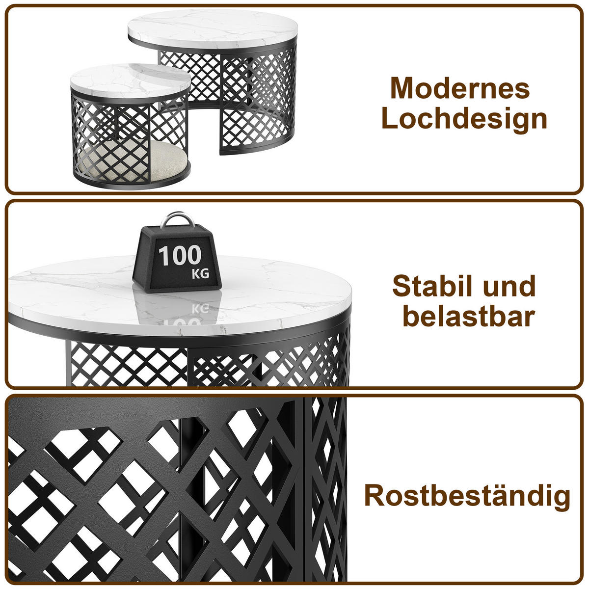 COUCHTISCH-SET 70/70/45 cm und 45/45/35 cm mit Marmor-Optik, pet-freundlich und stapelbar, Weiß - Weiß, Metall (70/70/45cm) - Redom