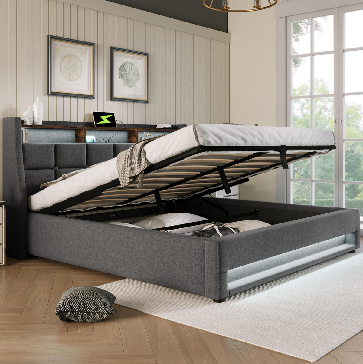 POLSTERBETT 180/200 cm Grau mit Bettkasten, USB-Anschluss und LED-Beleuchtung - Grau, Textil (180/200cm) - Flora Grace