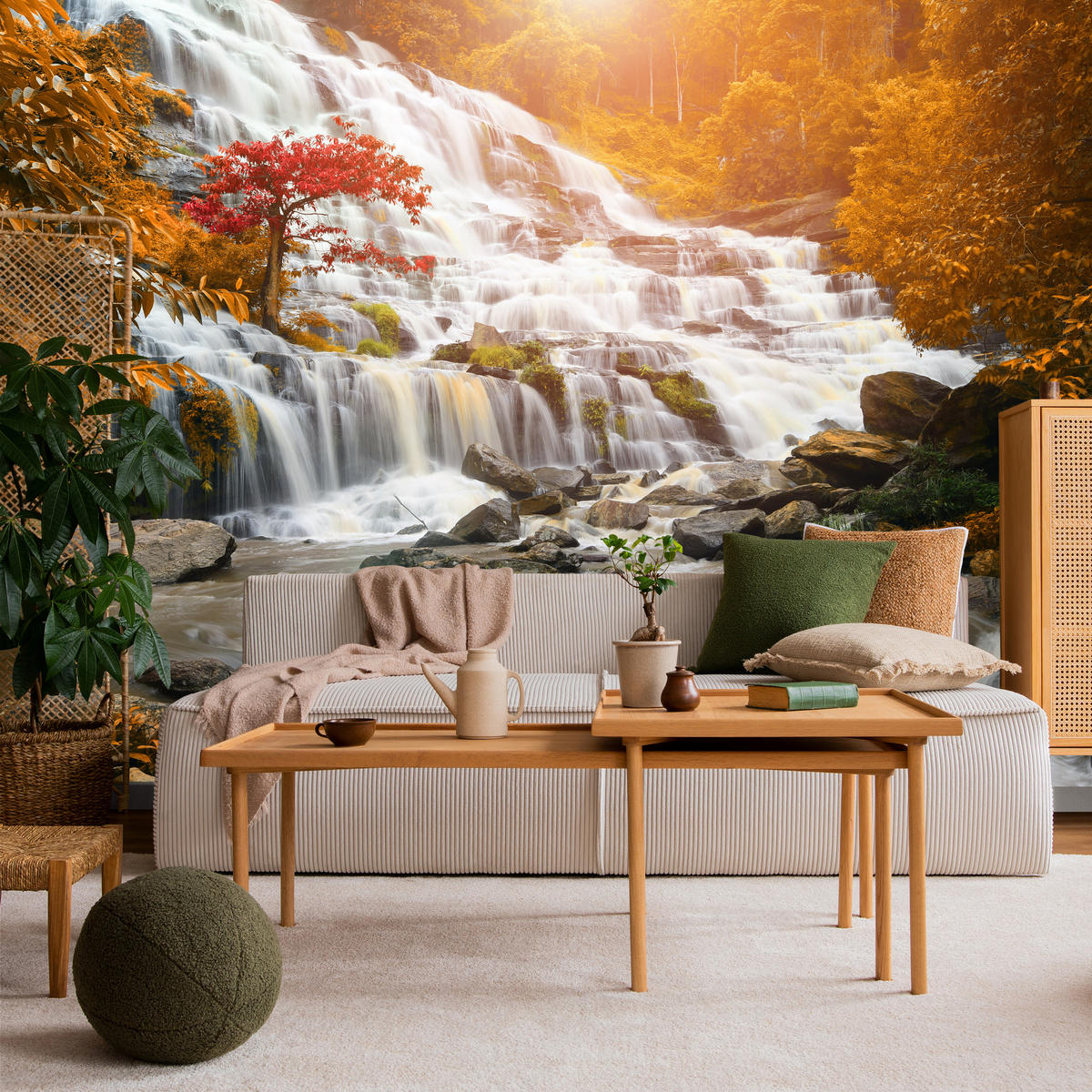 FOTOTAPETE für Küche Herbstlicher Wasserfall Bäume Blätter Felsen 400x280 - Beige/Orange, Papier (400/280cm) - Muralo