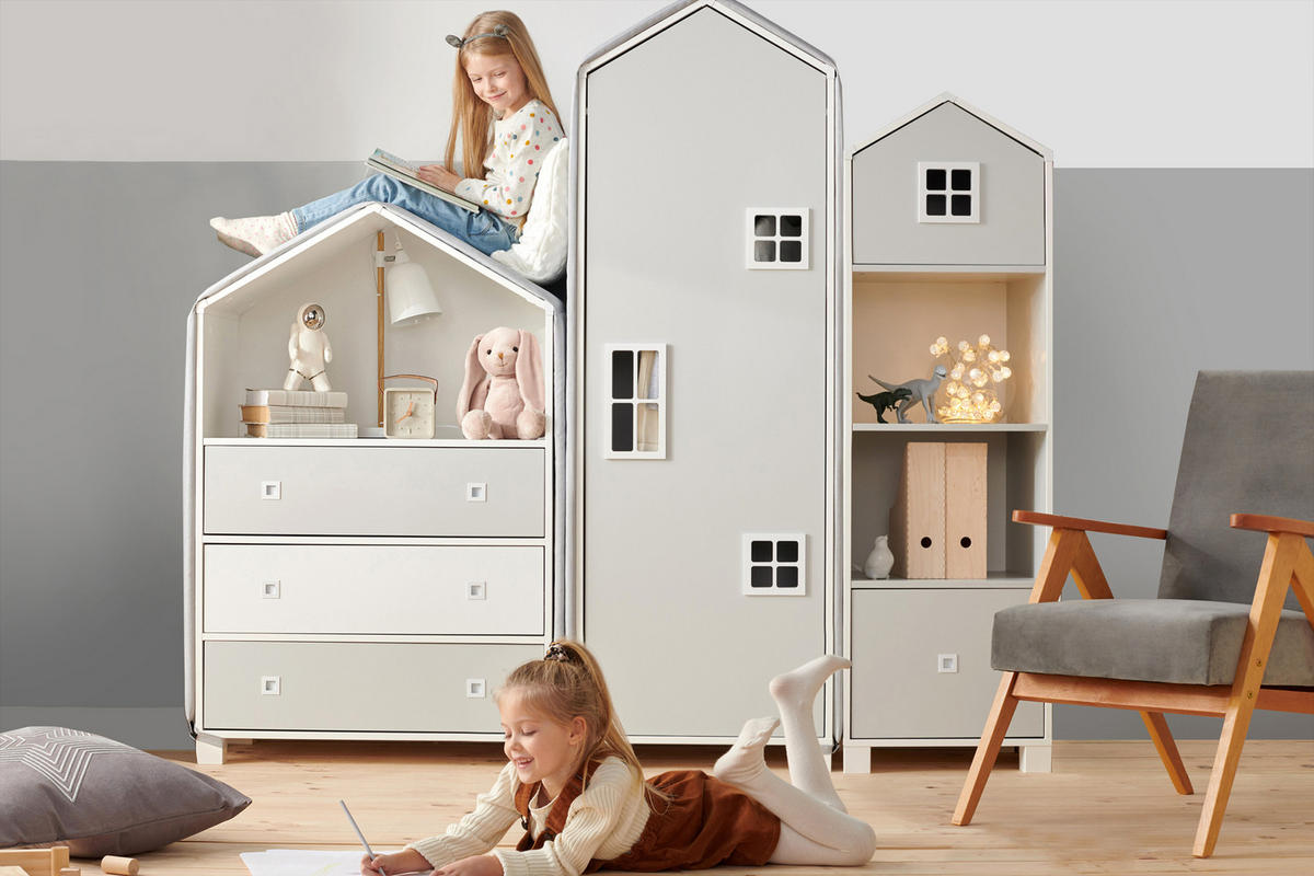 KINDERMÖBEL-SET MIRUM 3er-Set, Weiß/Grau - Weiß/Grau, Holz (57/173/45cm) - KONSIMO®