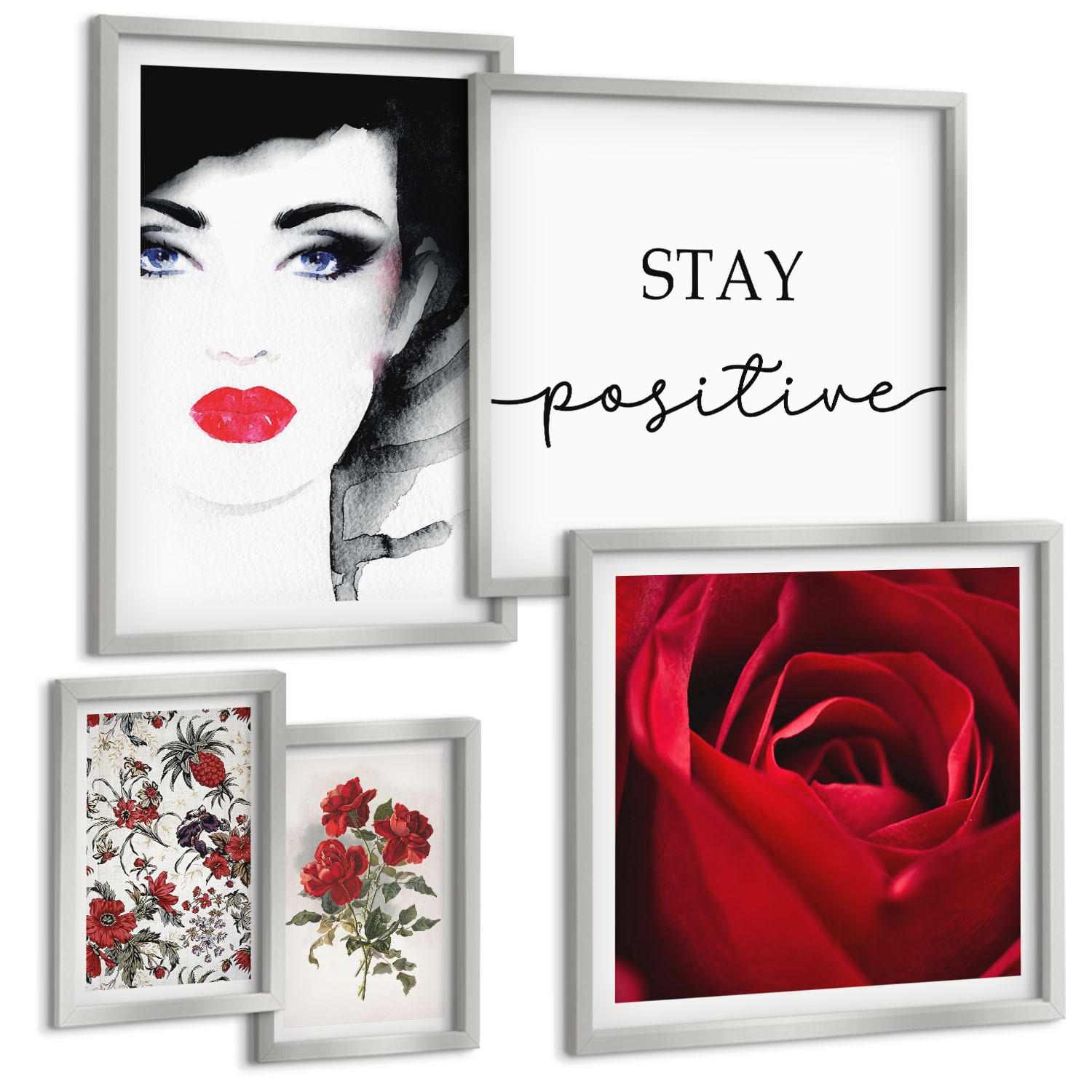 BILDER SET 5er Set - 50x50 cm & 20x30 cm & 40x60 cm Silberner Rahmen - Inschrift mit roten Rosen - Silberfarben, Kunststoff (40/60cm) - TULUP