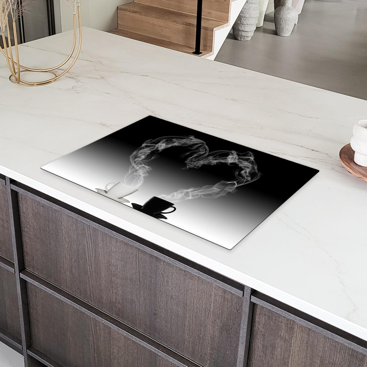 HERDABDECKPLATTE Kaffee - Herz - Schwarz und weiß - Tassen 77x51 cm - Weiß, Kunststoff (77/51/0.2cm) - MuchoWow