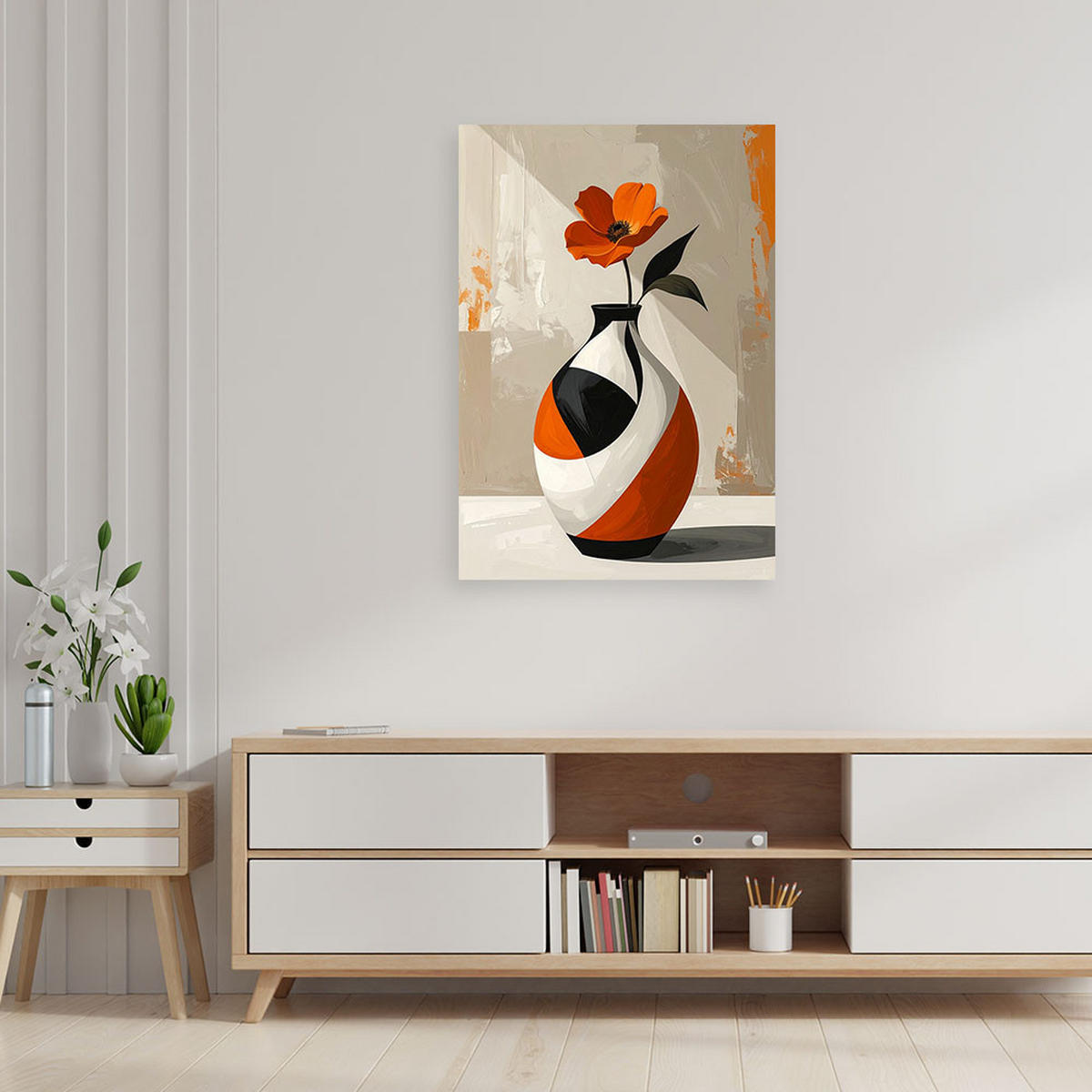 WANDBILD, Eine orangefarbene Blume in einer dekorativen weiß-orangen Vase - Orange, Textil (40/60cm) - Feeby