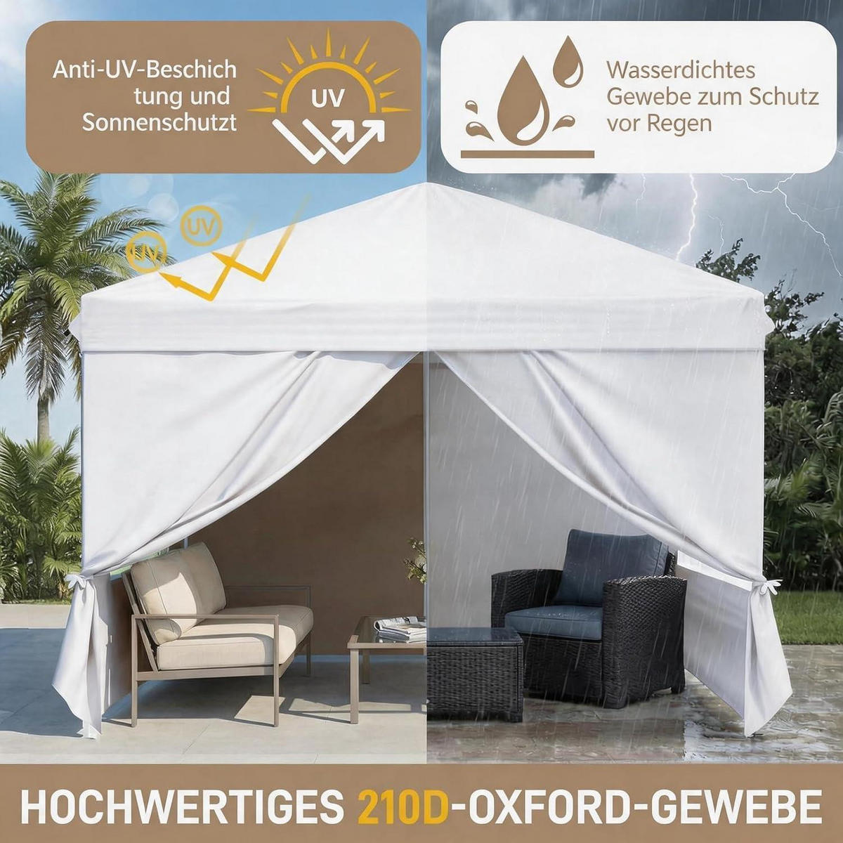 FALTPAVILLON 3 x 3 m weiß mit 4 Seitenteilen, Pop-Up One-Touch - Weiß, Textil (300/255/300cm)