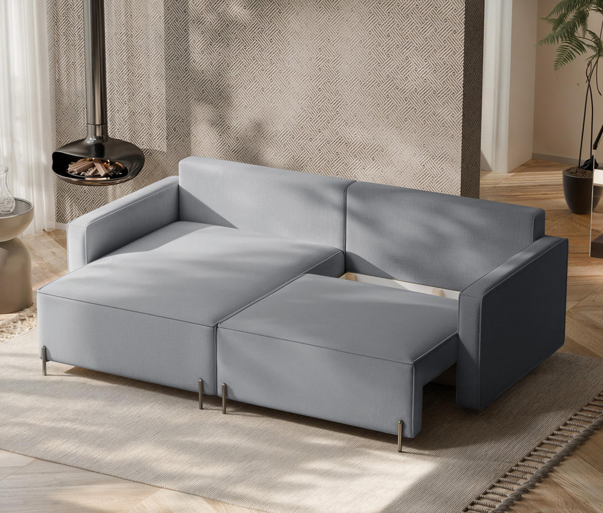 ECKSOFA LEO Links, mit Schlaffunktion und Bettkasten, Grau - Grau, Textil/Metall (229/148cm) - Idohome