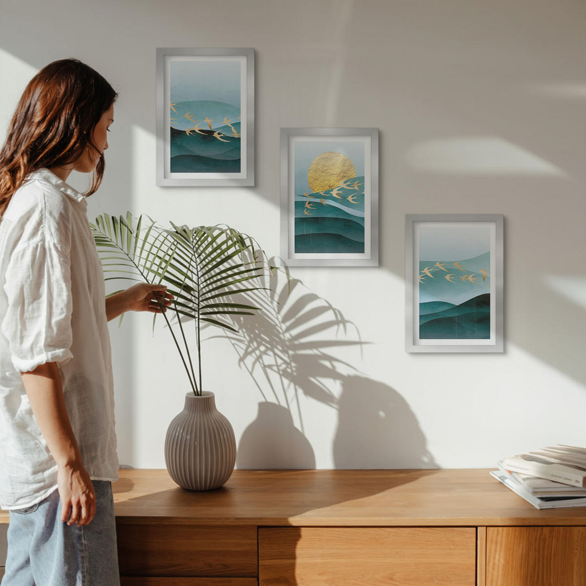 WANDBILDER 3er Set - 20x30 cm Silberner Rahmen - Abstrakte Sonnenuntergangslandschaften - Silberfarben, Kunststoff (20/30cm) - ArtPrintCave