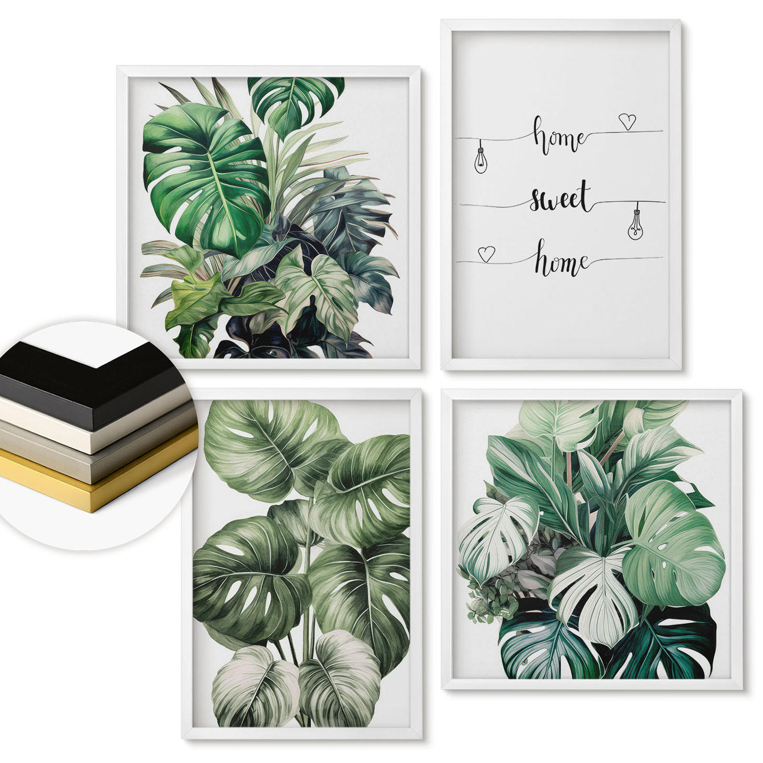 WANDBILDER 4er-Set - 50x50 cm & 40x60 cm Weißer Rahmen - Aquarell-Monstera-Blätter - Weiß, Kunststoff (50/50cm) - ArtPrintCave