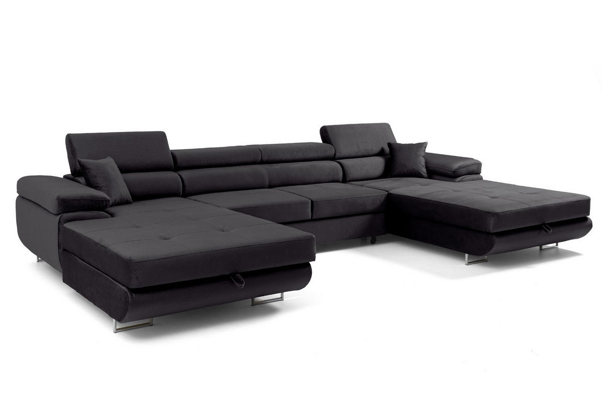 ECKSOFA U-Form ALONZO U mit Schlaffunktion 130x280 Velours Schwarz - Silberfarben/Schwarz, Holz/Textil (350/90/203cm) - Muffo