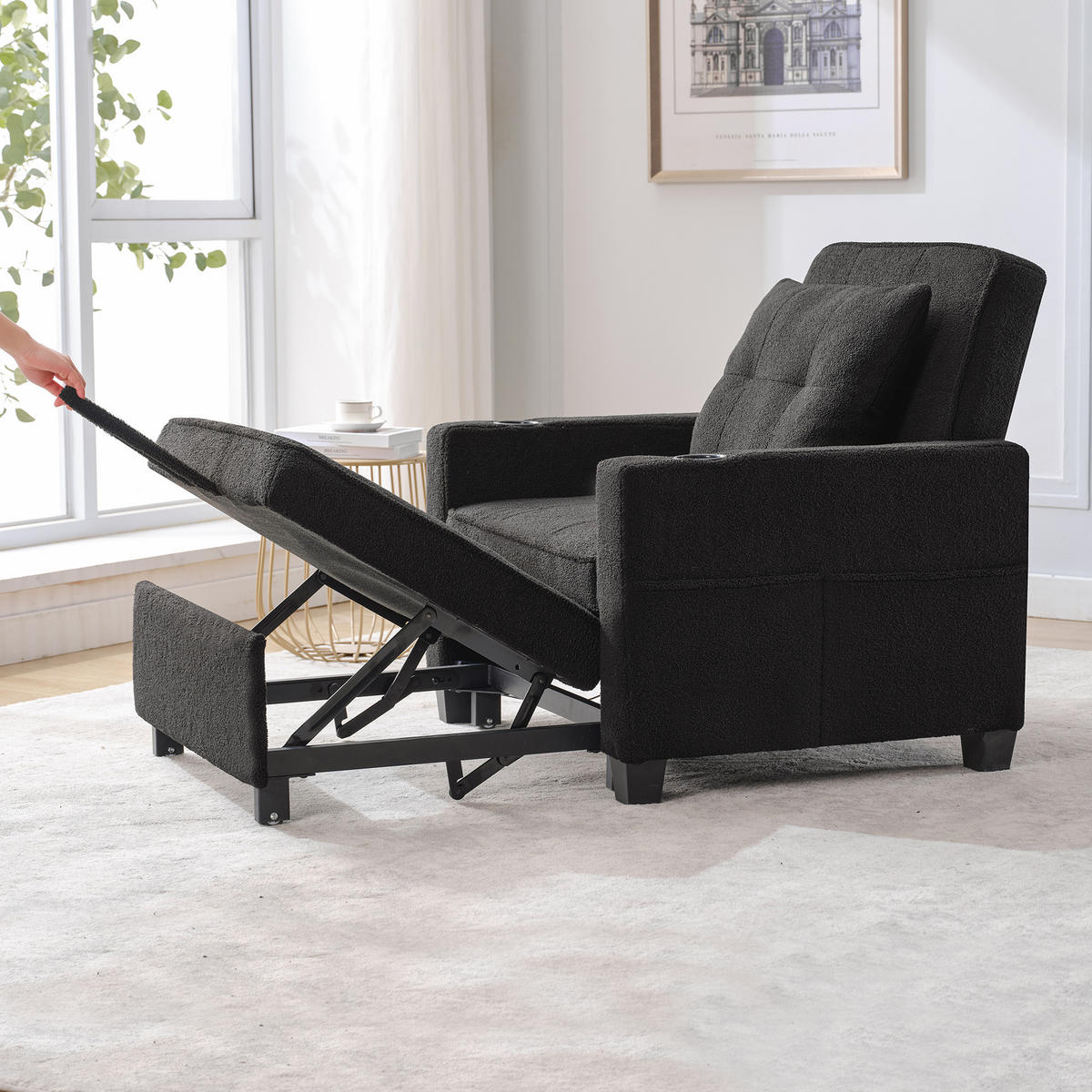 RELAXSESSEL 87/74/84 cm Schwarz mit Getränkehaltern und USB Anschluss - Schwarz, Textil (74/84/87cm) - Oxeza