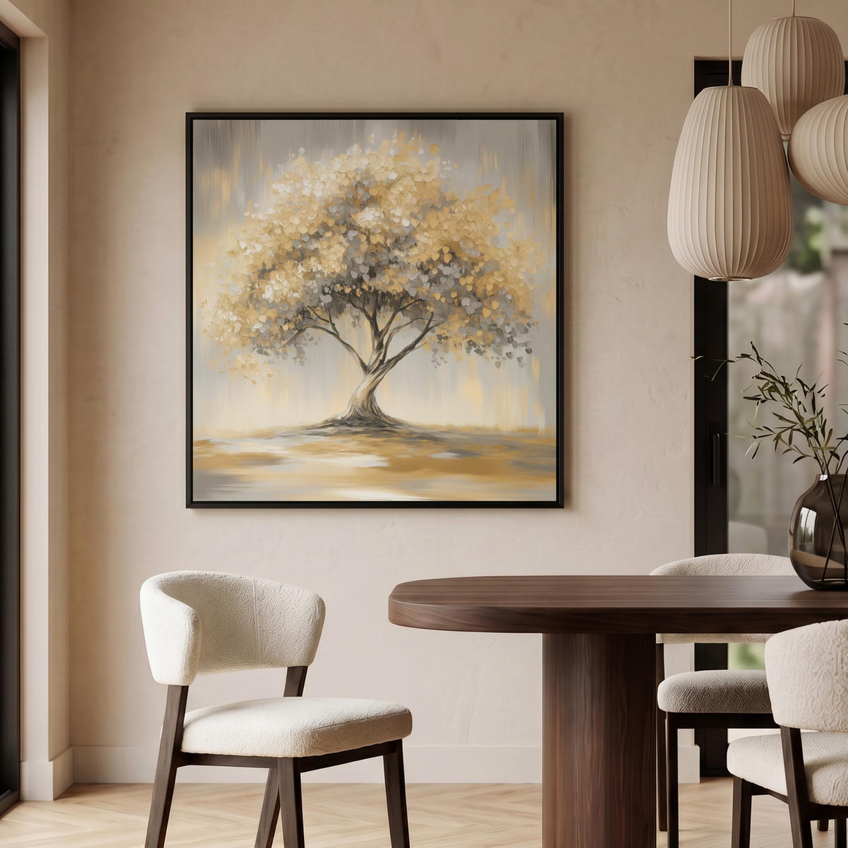 LEINWAND Bilder mit Rahmen - Gemälde - Baum - Abstrakt - Blätter - 90x90 - Beige, Textil (90/90cm) - MuchoWow