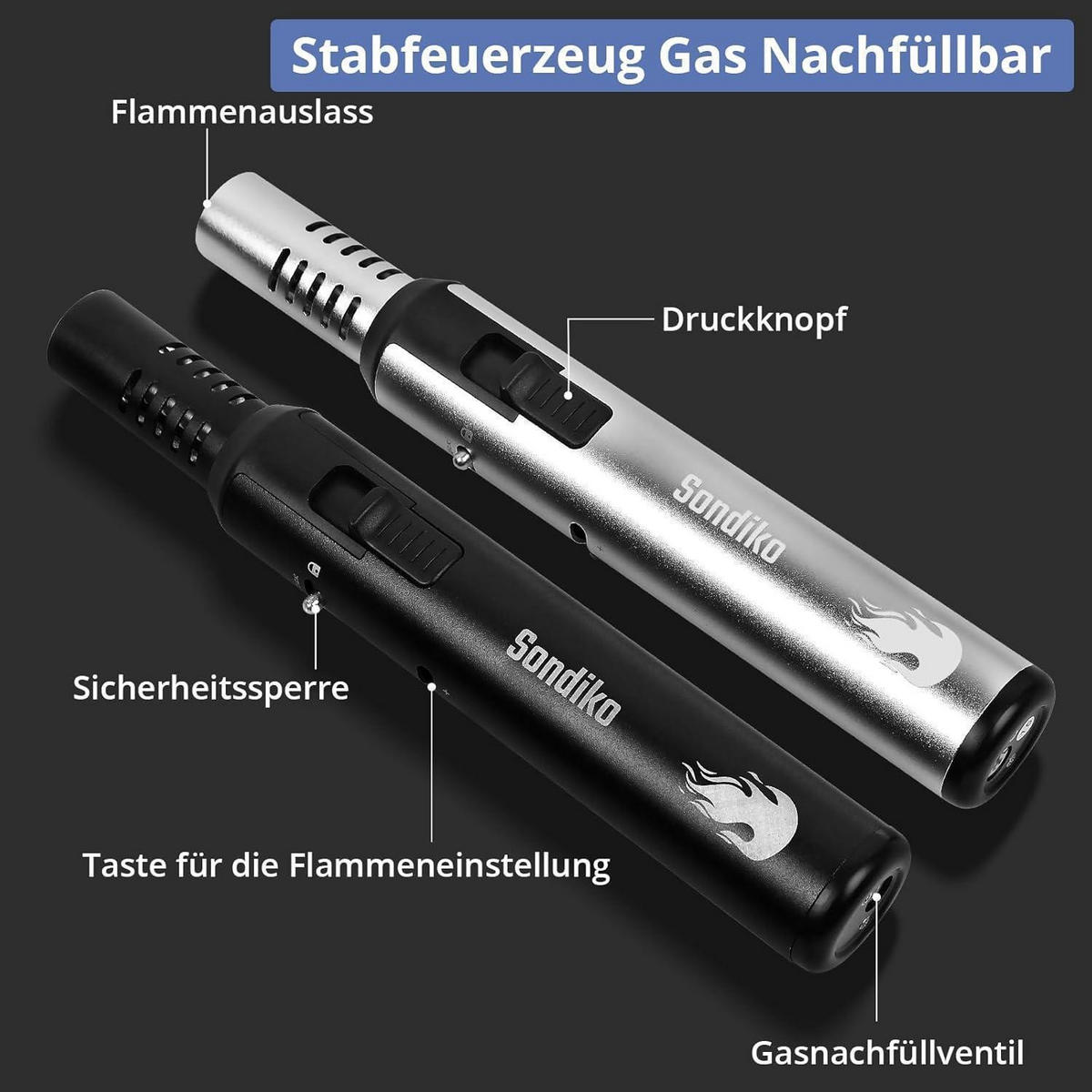 STABFEUERZEUG 2-teiliges Set nachfüllbar mit Sicherheitsschloss und einstellbarer Flamme - Multicolor, Metall (3.3/20.3/3.3cm)